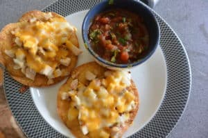 Chicken on homemade baked corn Tostadas
cheesy chicken