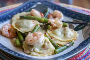 Mushroom Ravioli with Asparagus and Shrimp