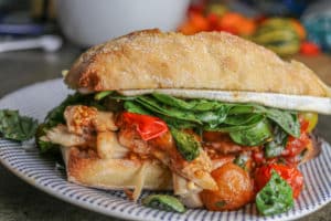 Chicken Sandwich with Balsamic Glazed Cherry Tomatoes and Brie Cheese